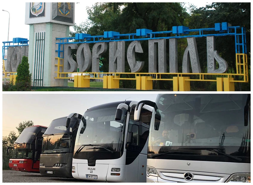 The Boryspil city sign in blue and yellow, and coaches lined up for the residents' evacuation