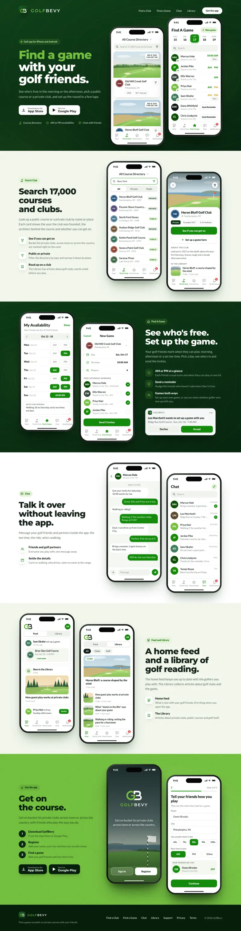 GolfBevy - the desktop page, top to bottom