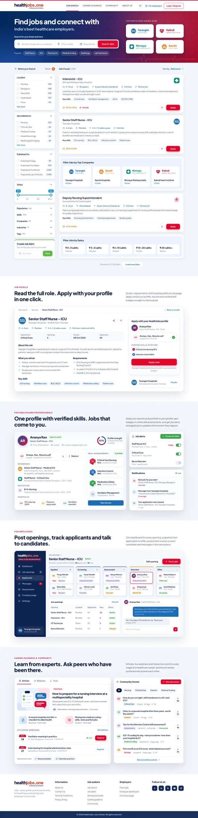 HealthJobs.one - the desktop page, top to bottom