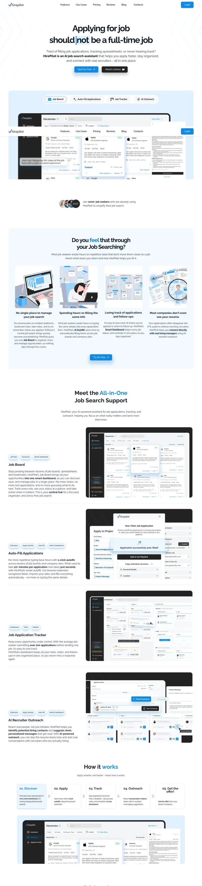 HirePilot - the desktop page, top to bottom