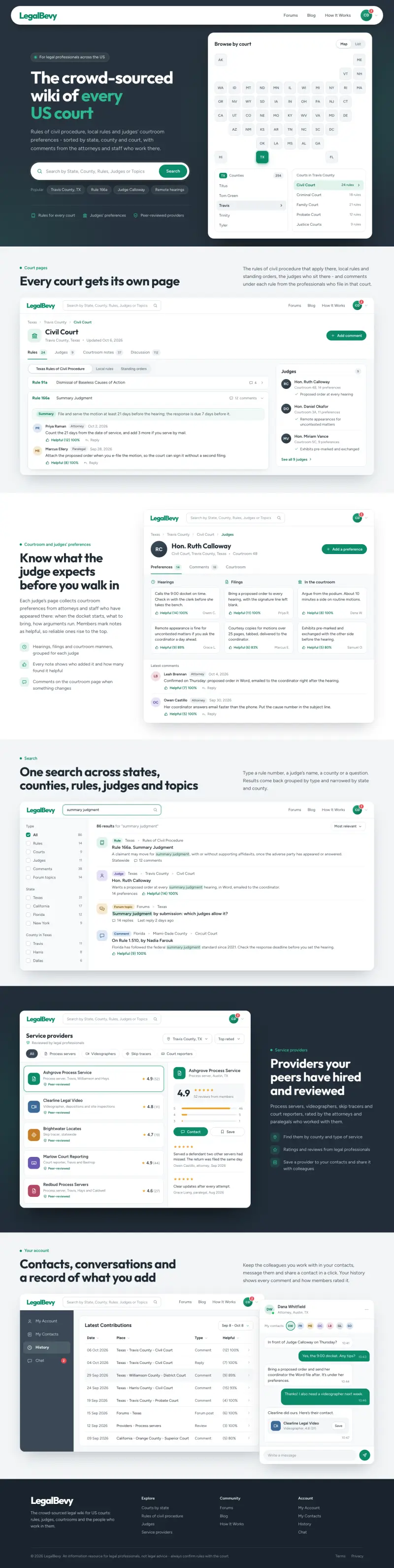 LegalBevy - the desktop page, top to bottom