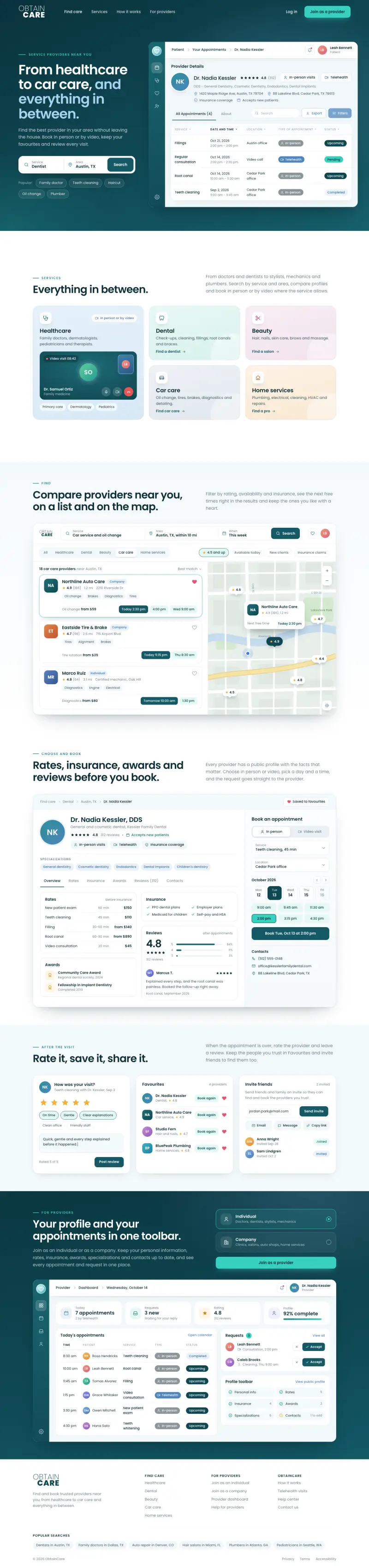 ObtainCare - the desktop page, top to bottom