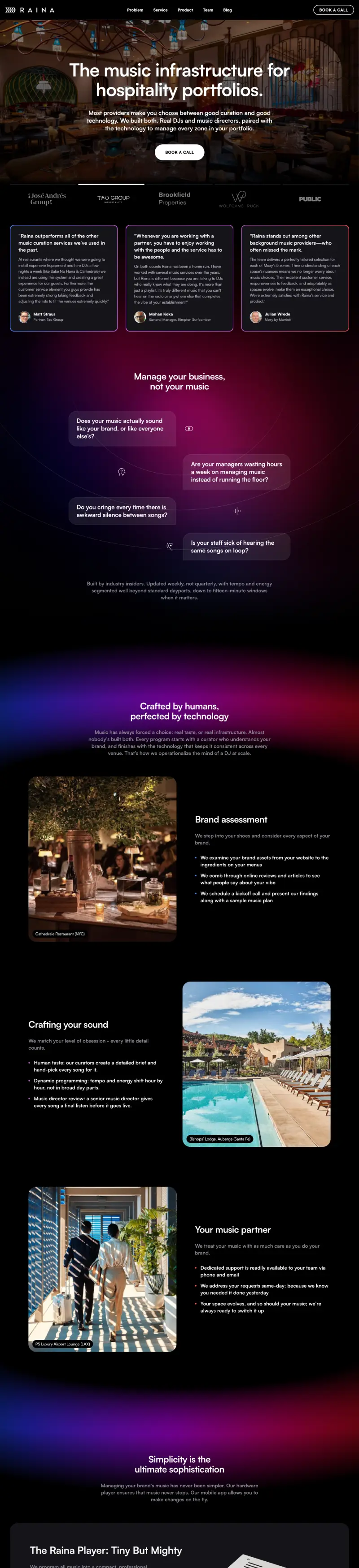 Raina Music - the desktop page, top to bottom
