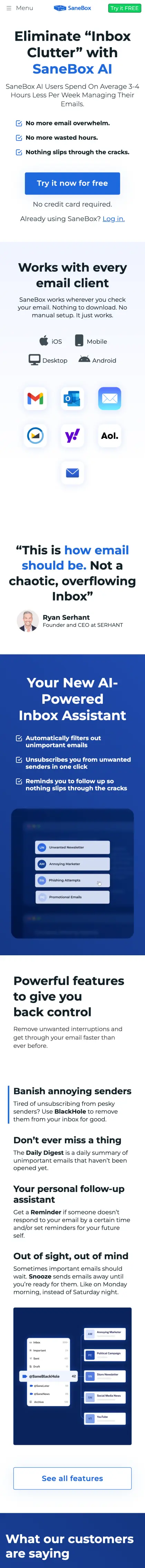 SaneBox - the phone page