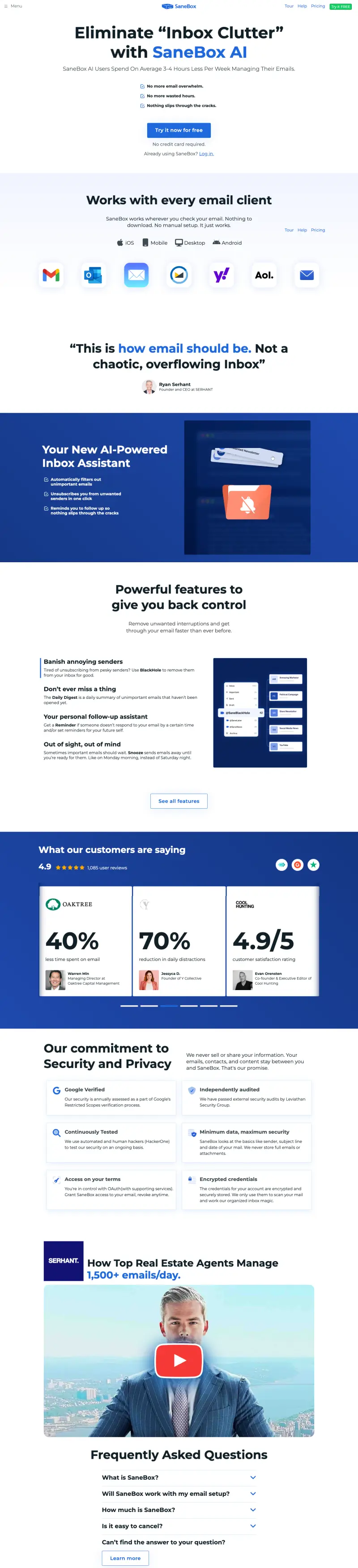 SaneBox - the desktop page, top to bottom